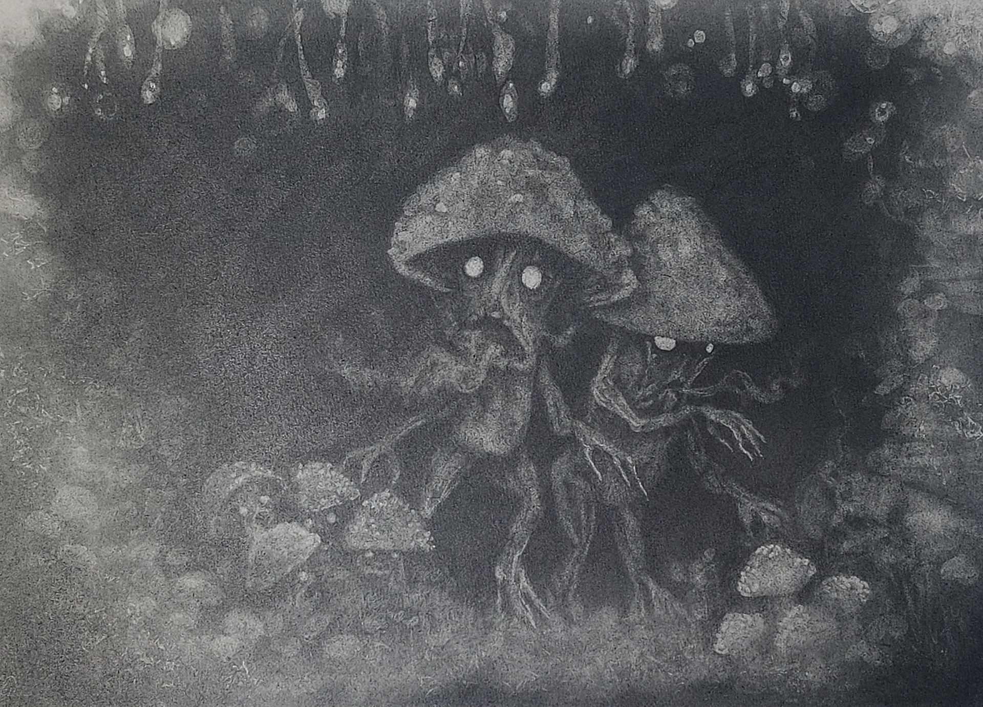 Whimsical mushroom characters in playful scene